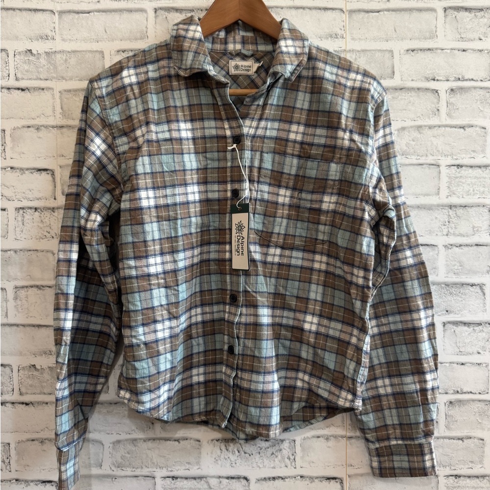 NWT! Women’s Alpine Design blue/tan plaid button down flannel shirt, XS